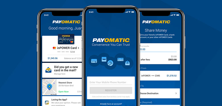 Key screens on the PAYOMATIC Mobile app